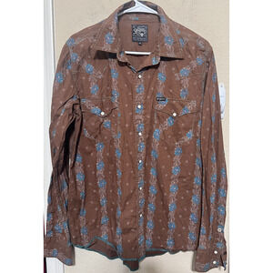 Southern Thread Long Sleeve Pearl Snap Western Floral Print Shirt Mens M Brown